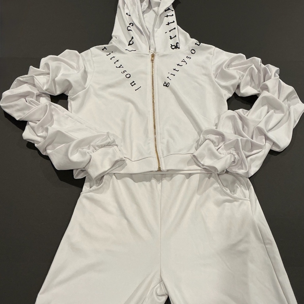 Gritty Soul White Ruffle Sleeve Zip Hoodie & Jogger Set Size M Athleisure Tracks